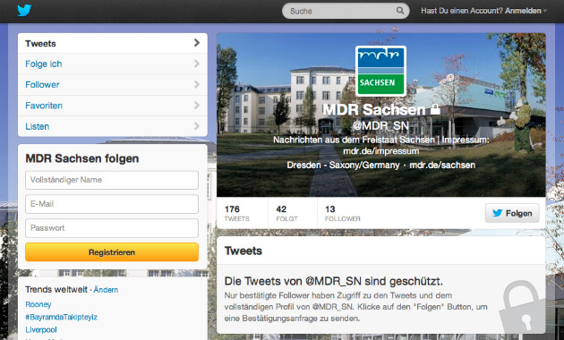 "Geschützt" - der Account ist schon eingerichtet, aber noch nicht öffentlich einsehbar. Screenshot von twitter.com/MDR_SN