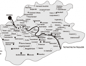 Erscheinungsgebiet von "PirRu" (Quadrat) und "Sebnitzer Rundschau" (Dreieck), Karte aus Mediadaten. 