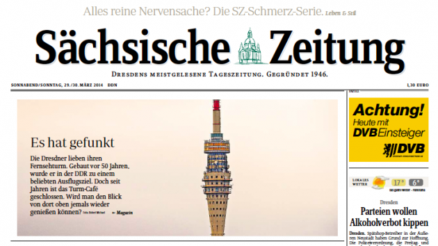 Großflächig berichtete die "SZ" am vergangenen Samstag im Magazin-Teil über den Fernsehturm und seine Zukunft. 