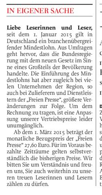 Ausriss aus der "Freien Presse" vom 13.2.2015, S. 5. 