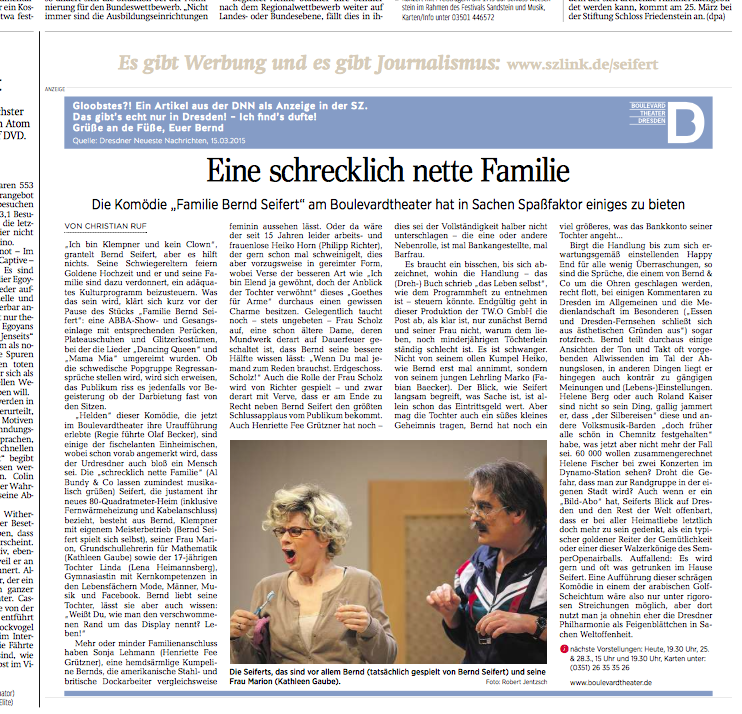Die Anzeige, wie sie in der "Sächsischen Zeitung" vom 21.3.2015 zu finden war. 