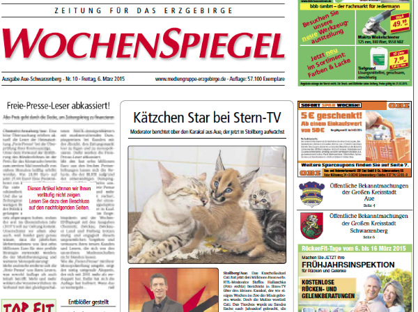 Ausriss der "Wochenspiegel Erzgebirge"-Ausgabe vom 6.3.2015 mit dem unkenntlich gemachten Artikel. 