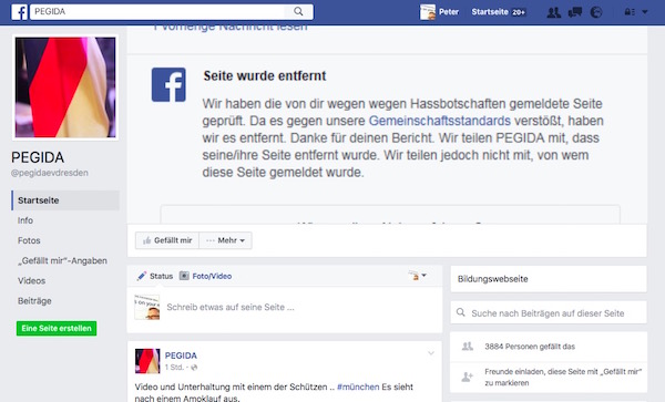 Screenshot der "neuen" Pegida-Seite mit bereits 3.884 Fans (Stand: 23.7.2016, 1.30 Uhr)