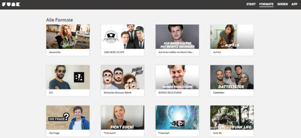 Screenshot von funk.net - Übersicht über einige der bisher 39 Formate